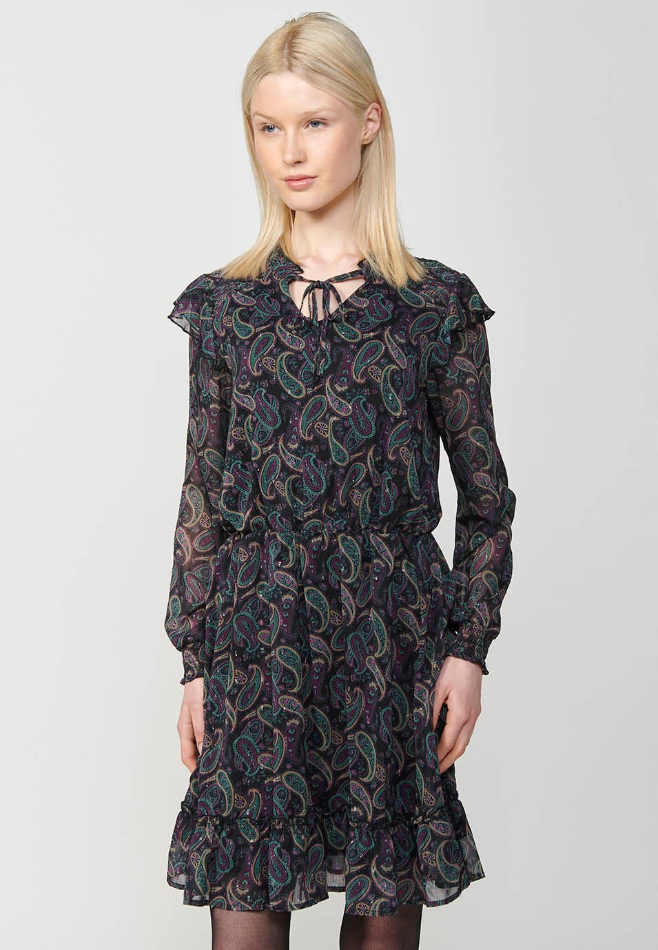 Vestido corto de manga larga con Cuello mao fruncido y Detalle de punto smock en el hombro con estampado de cashmere y toques de lurex color Multicolor para Mujer