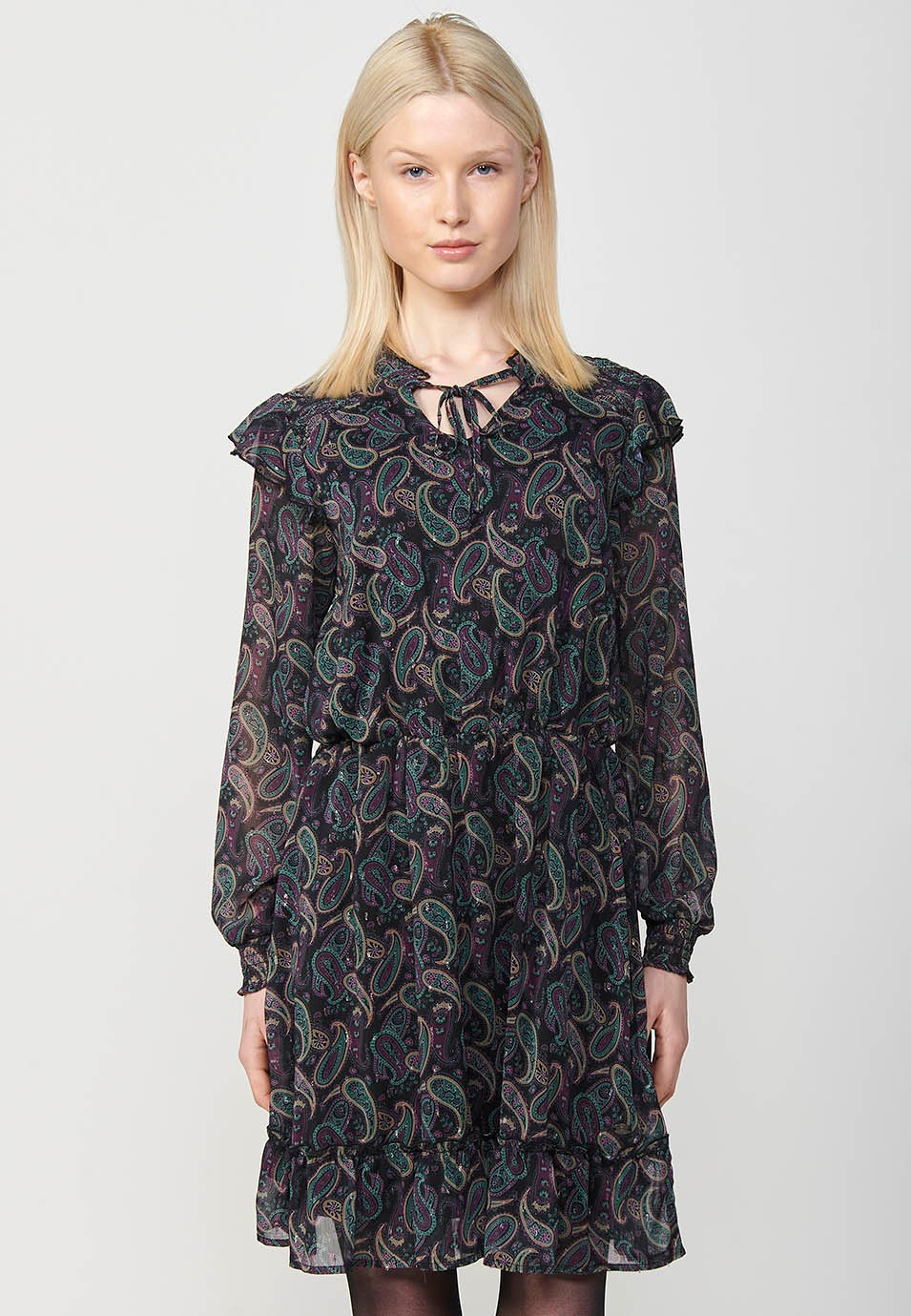 Vestido corto de manga larga con Cuello mao fruncido y Detalle de punto smock en el hombro con estampado de cashmere y toques de lurex color Multicolor para Mujer