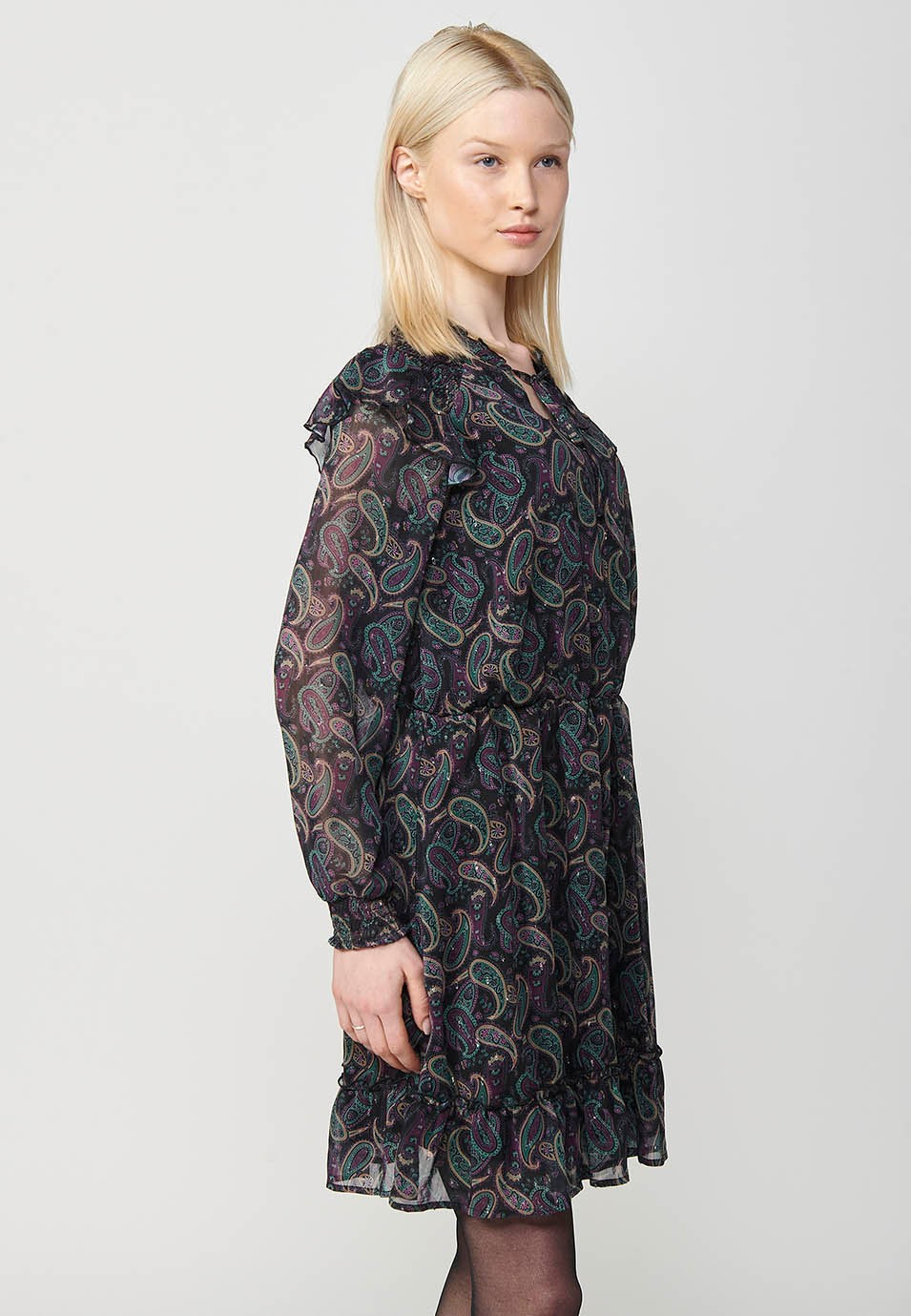 Vestido corto de manga larga con Cuello mao fruncido y Detalle de punto smock en el hombro con estampado de cashmere y toques de lurex color Multicolor para Mujer