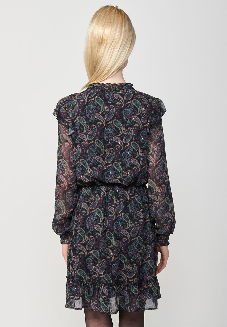 Vestido corto de manga larga con Cuello mao fruncido y Detalle de punto smock en el hombro con estampado de cashmere y toques de lurex color Multicolor para Mujer