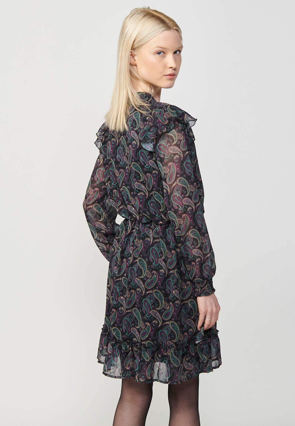 Vestido corto de manga larga con Cuello mao fruncido y Detalle de punto smock en el hombro con estampado de cashmere y toques de lurex color Multicolor para Mujer