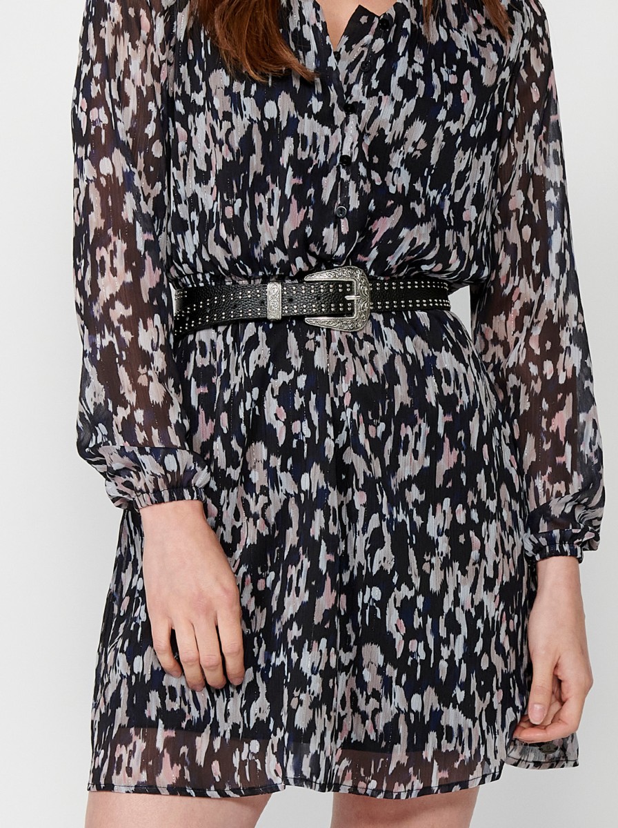 Vestido corto de manga larga con Escote pico y botones y Estampado abstracto sobre tejido de mini rayas de lurex color Negro para Mujer