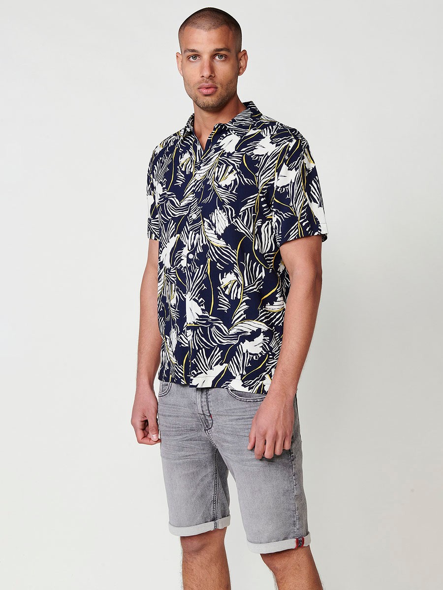 Camisa de Manga Corta con Estampado Tropical en Color Navy para Hombre - 100% Viscosa