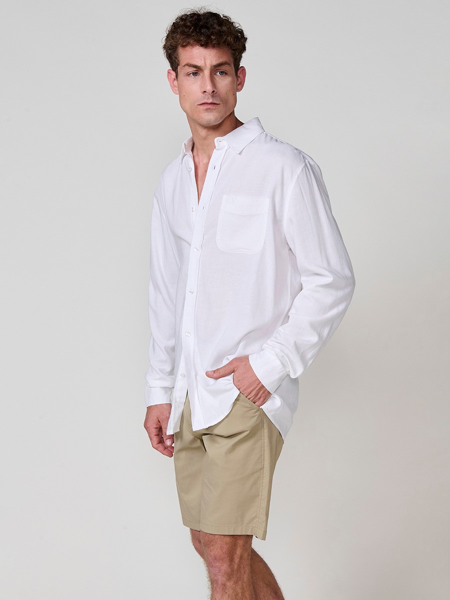 Camisa de Manga Larga de Lino en Blanco con Cierre de Botones y Bolsillo Delantero para Hombre 7