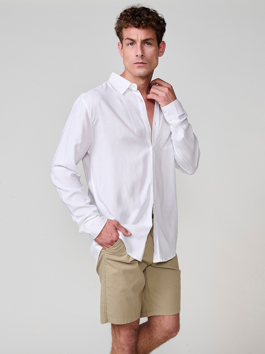 Camisa de Manga Larga de Lino en Blanco con Cierre de Botones y Bolsillo Delantero para Hombre 9