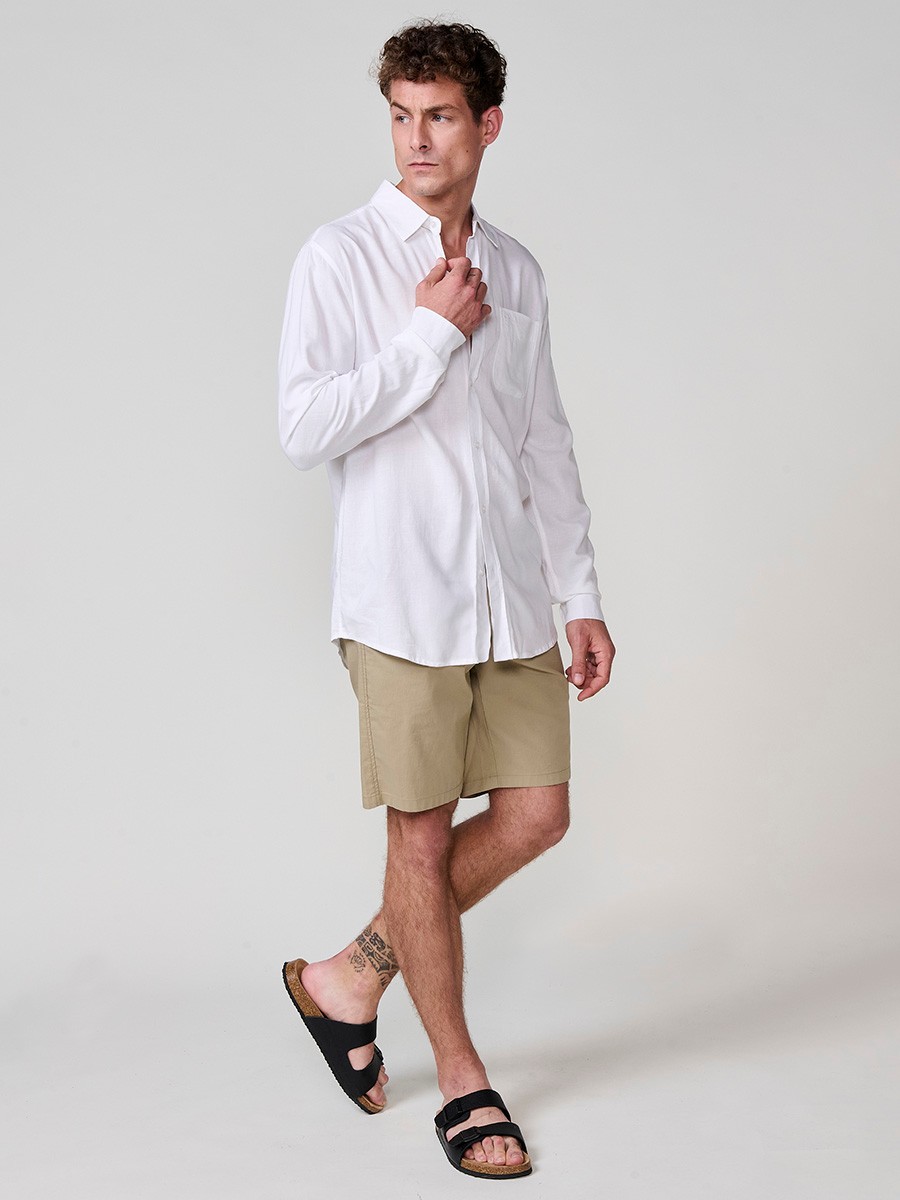 Camisa de Manga Larga de Lino en Blanco con Cierre de Botones y Bolsillo Delantero para Hombre 3
