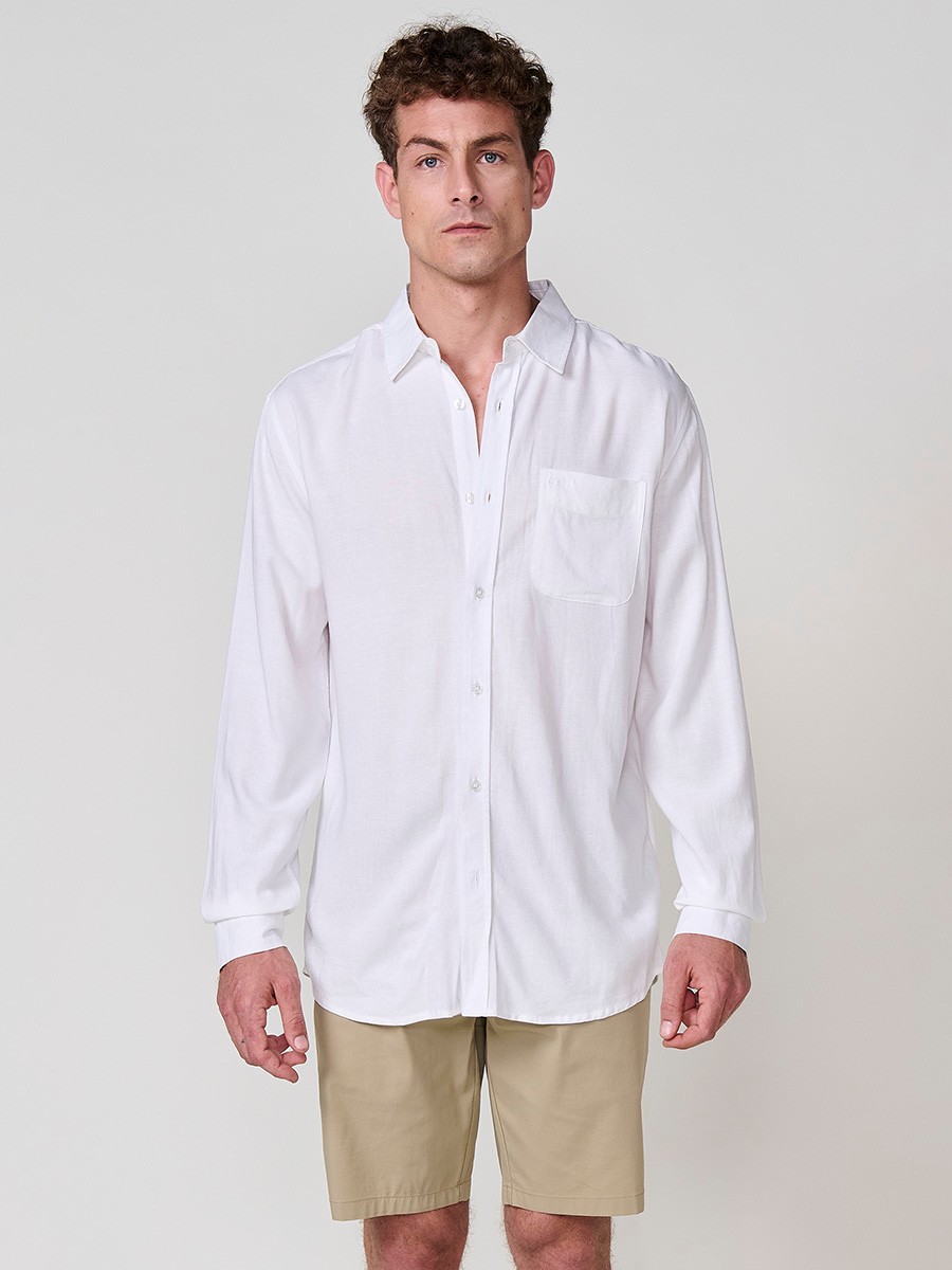 Camisa de Manga Larga de Lino en Blanco con Cierre de Botones y Bolsillo Delantero para Hombre 6