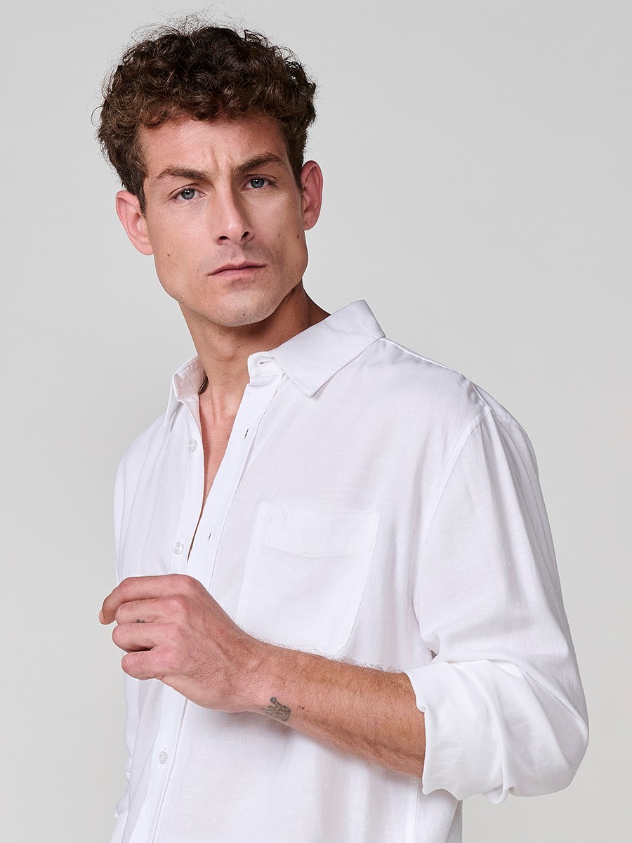 Camisa de Manga Larga de Lino en Blanco con Cierre de Botones y Bolsillo Delantero para Hombre 5