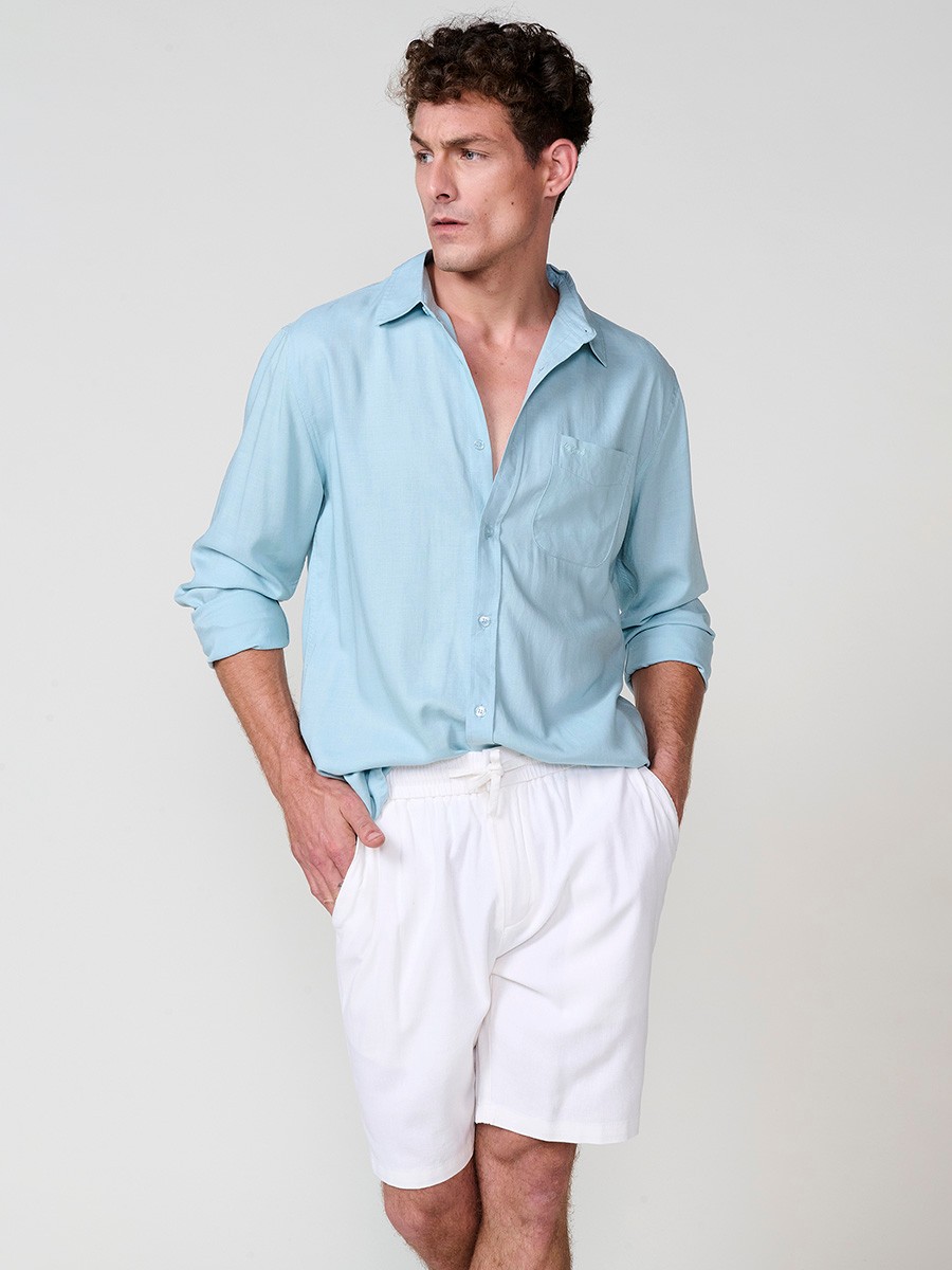 Camisa de Manga Larga de Lino en Azul Claro con Cierre de Botones y Bolsillo Delantero para Hombre 9