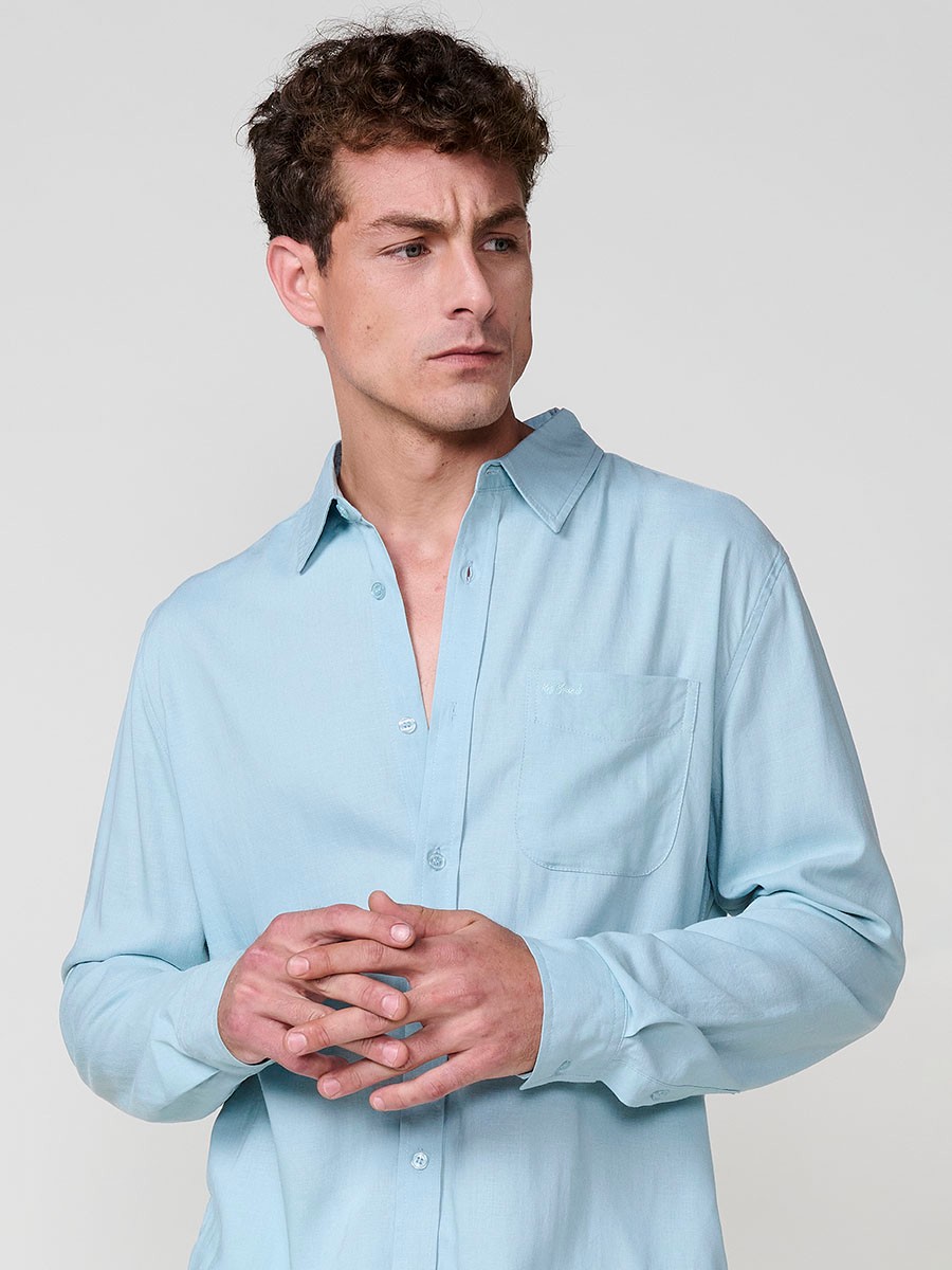 Camisa de Manga Larga de Lino en Azul Claro con Cierre de Botones y Bolsillo Delantero para Hombre 8