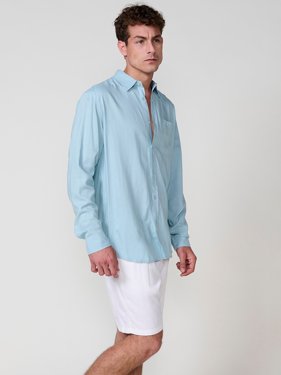 Camisa de Manga Larga de Lino en Azul Claro con Cierre de Botones y Bolsillo Delantero para Hombre 6