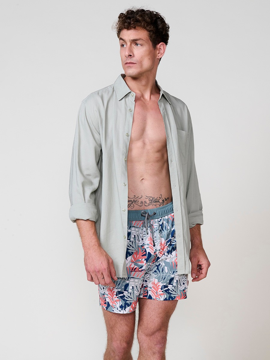 Camisa de Manga Larga de Lino en Verde con Cierre de Botones y Bolsillo Delantero para Hombre 1