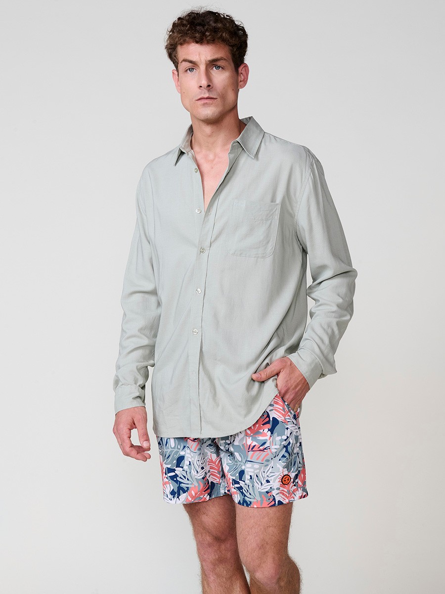 Camisa de Manga Larga de Lino en Verde con Cierre de Botones y Bolsillo Delantero para Hombre 8
