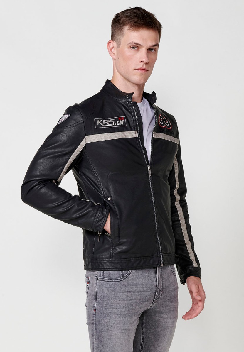 Chaqueta biker efecto piel cuello tira para hombre en color negro