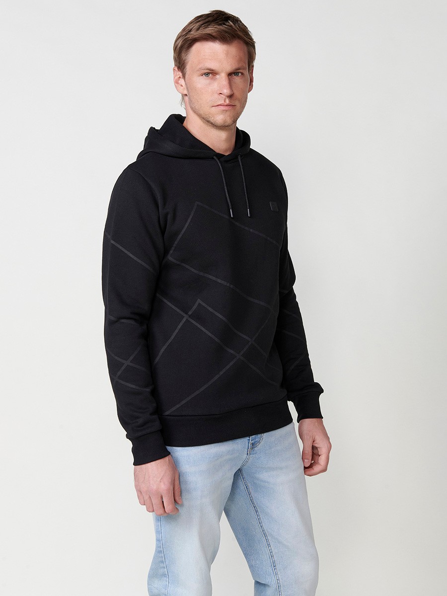 Sudadera de manga larga y cuello con capucha con detalle delantero geométrico en color negro para hombre