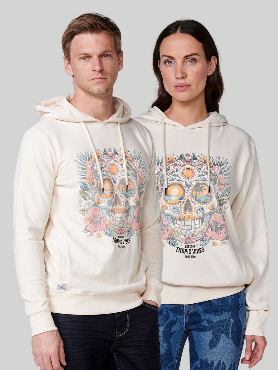 Sudadera de manga larga con cuello y capucha con estampado delantero de color crudo para hombre