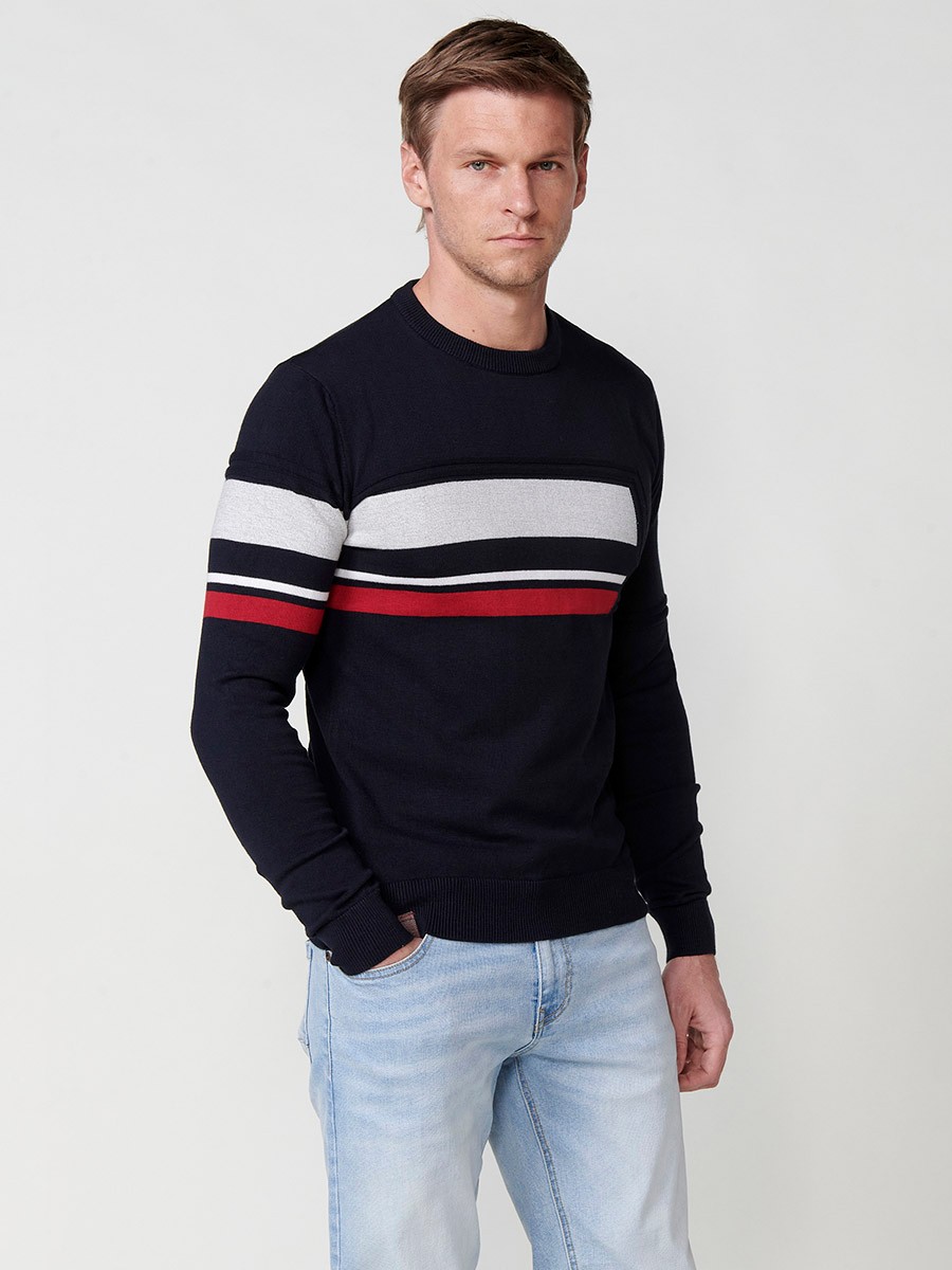 Jersey tricot de Algodón de manga larga y cuello redondo a rayas de color Navy para Hombre
