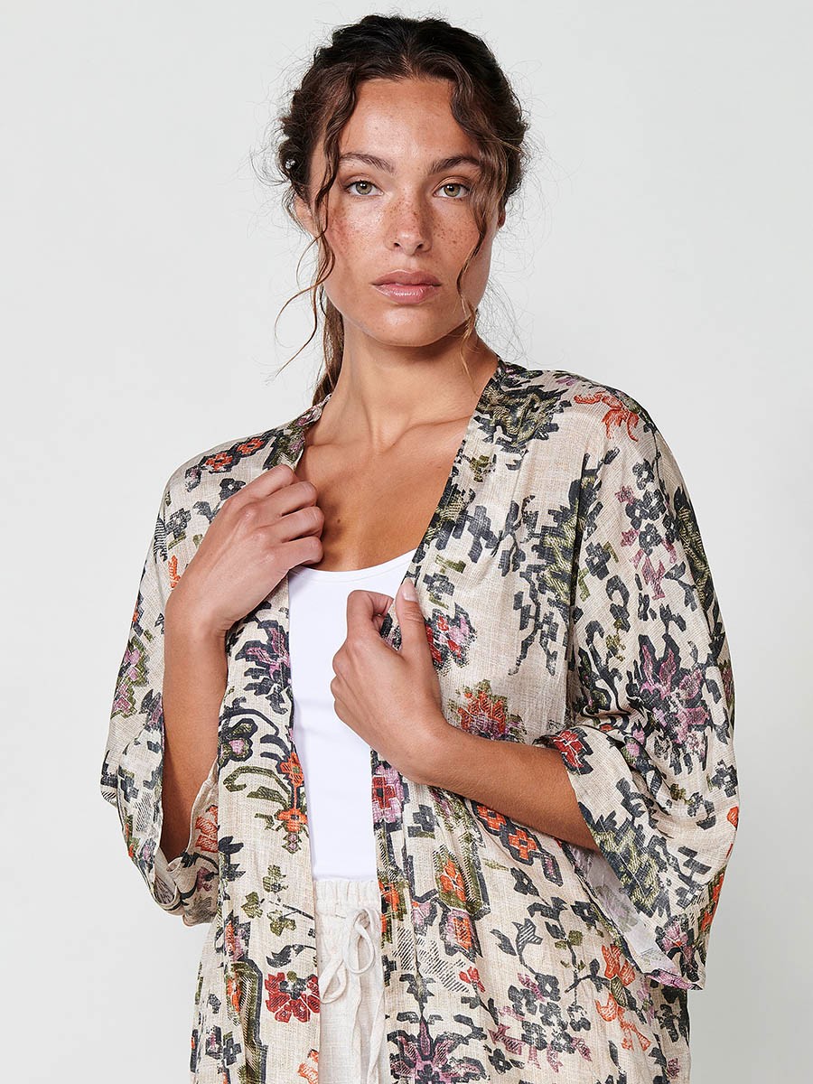 Damen Offenes Satin-Kimono mit Ethno-Print in Multicolor – 100% Viskose 6