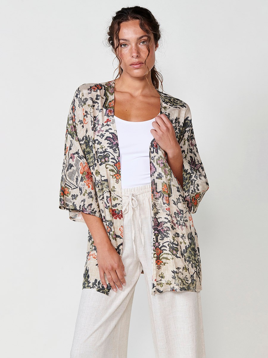 Damen Offenes Satin-Kimono mit Ethno-Print in Multicolor – 100% Viskose