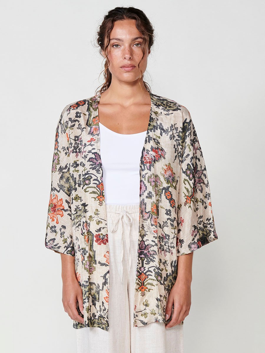 Damen Offenes Satin-Kimono mit Ethno-Print in Multicolor – 100% Viskose 2