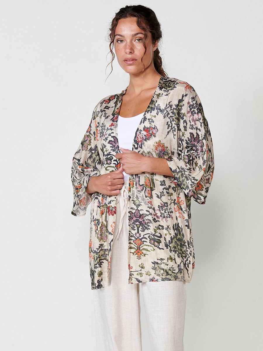 Damen Offenes Satin-Kimono mit Ethno-Print in Multicolor – 100% Viskose 1
