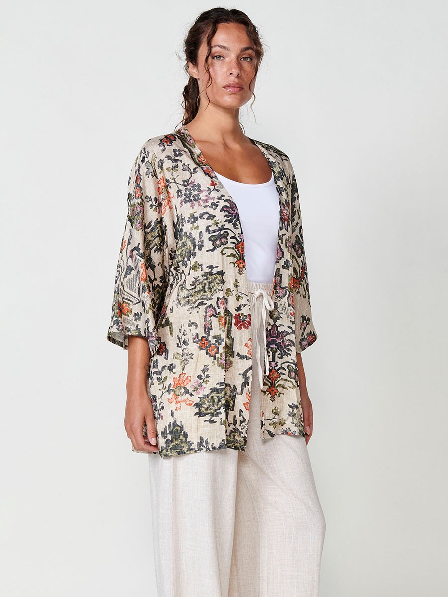 Damen Offenes Satin-Kimono mit Ethno-Print in Multicolor – 100% Viskose 7