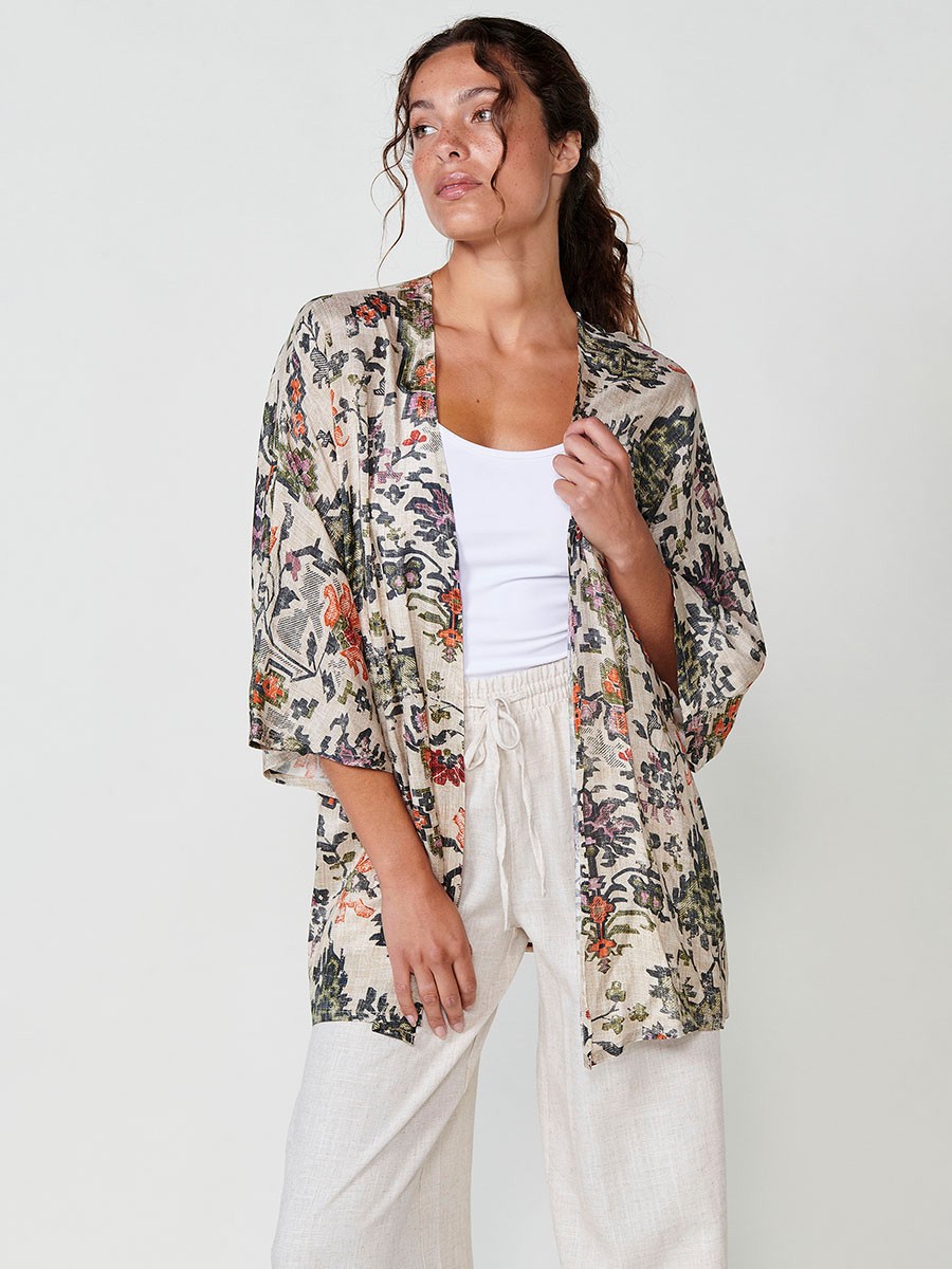Damen Offenes Satin-Kimono mit Ethno-Print in Multicolor – 100% Viskose 10