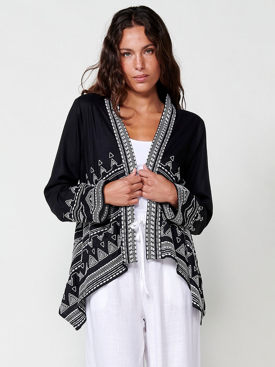 Kimono Abierto de Popelín con Bordado de Cenefa en Negro para Mujer – 100% Poliéster