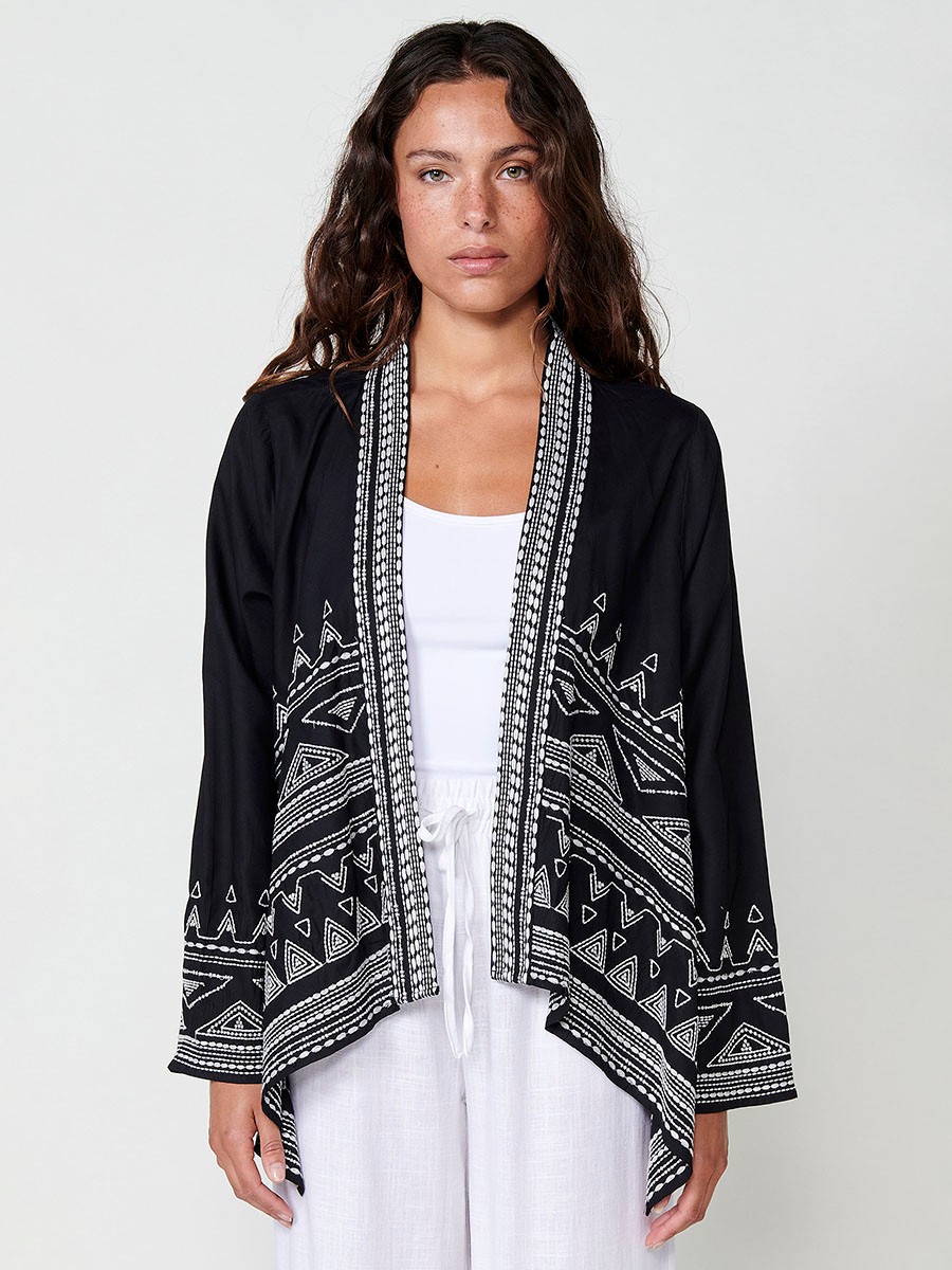 Kimono Abierto de Popelín con Bordado de Cenefa en Negro para Mujer – 100% Poliéster 2