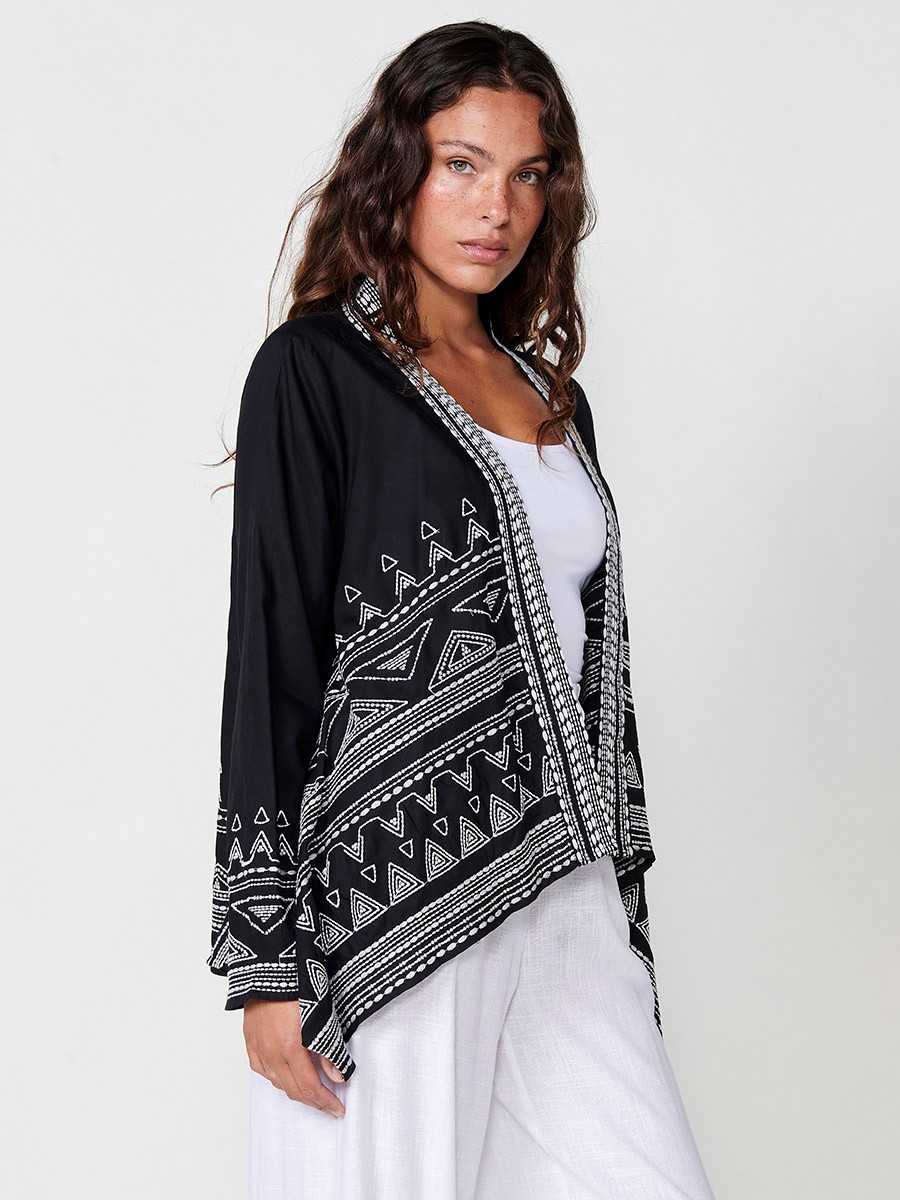 Kimono Abierto de Popelín con Bordado de Cenefa en Negro para Mujer – 100% Poliéster 4