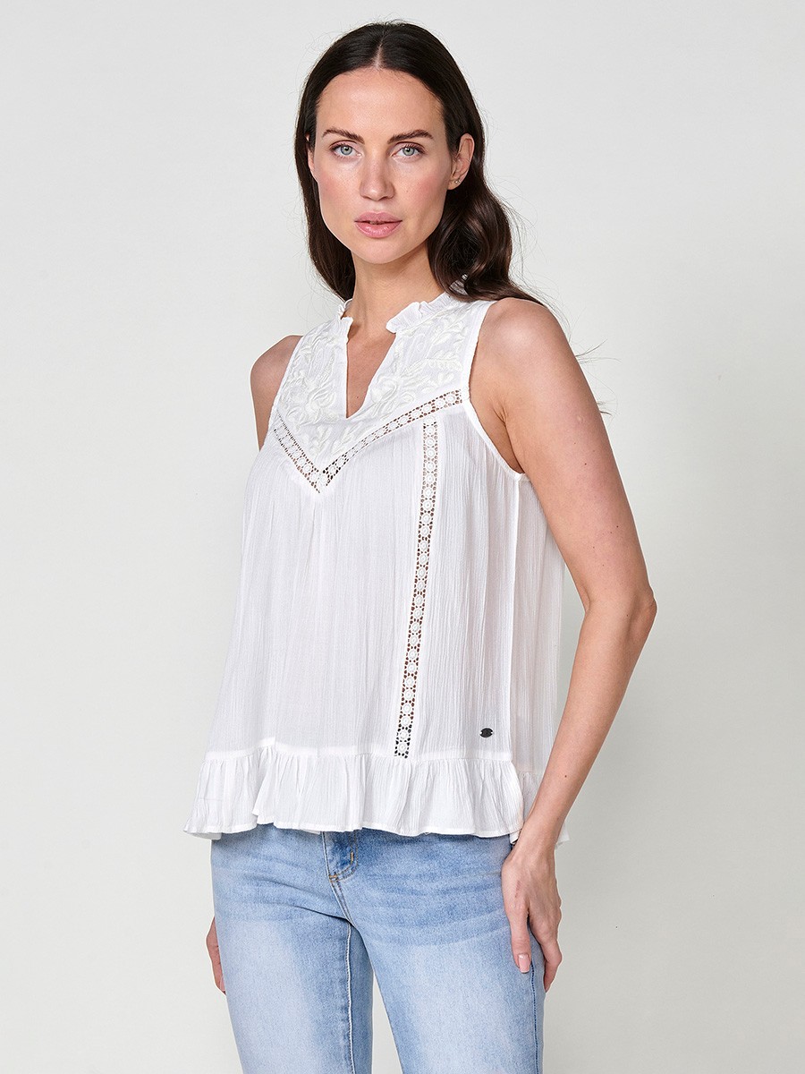 Blouse Sans Manches Crépon Blanche pour Femme