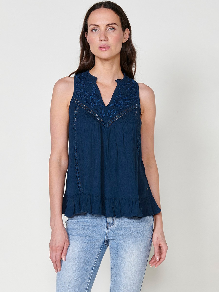 Ärmellose Navy Crepe-Bluse für Damen