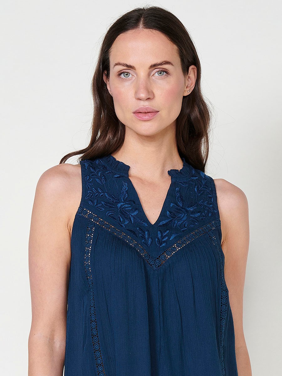 Ärmellose Navy Crepe-Bluse für Damen