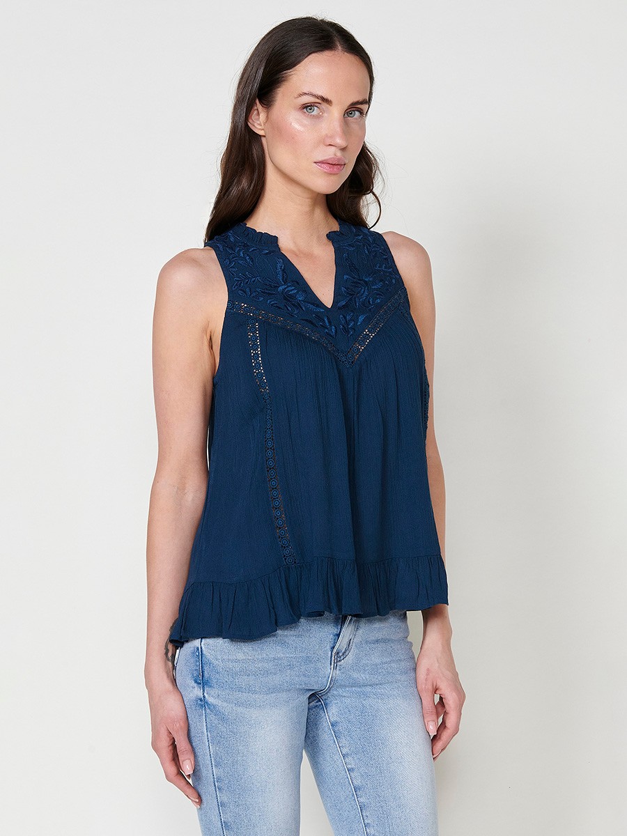 Ärmellose Navy Crepe-Bluse für Damen