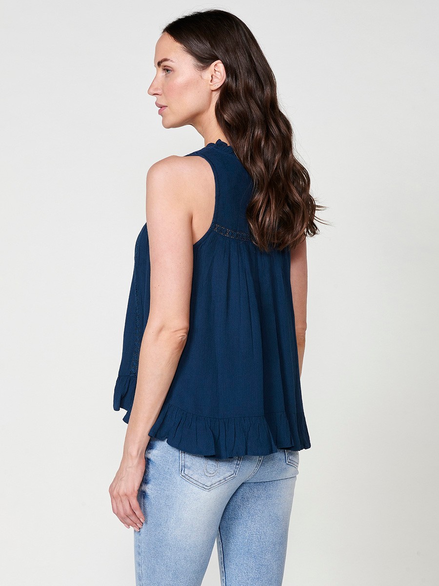 Ärmellose Navy Crepe-Bluse für Damen
