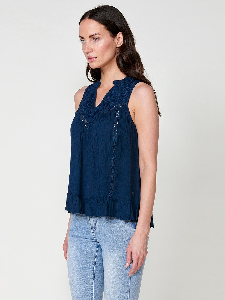 Ärmellose Navy Crepe-Bluse für Damen
