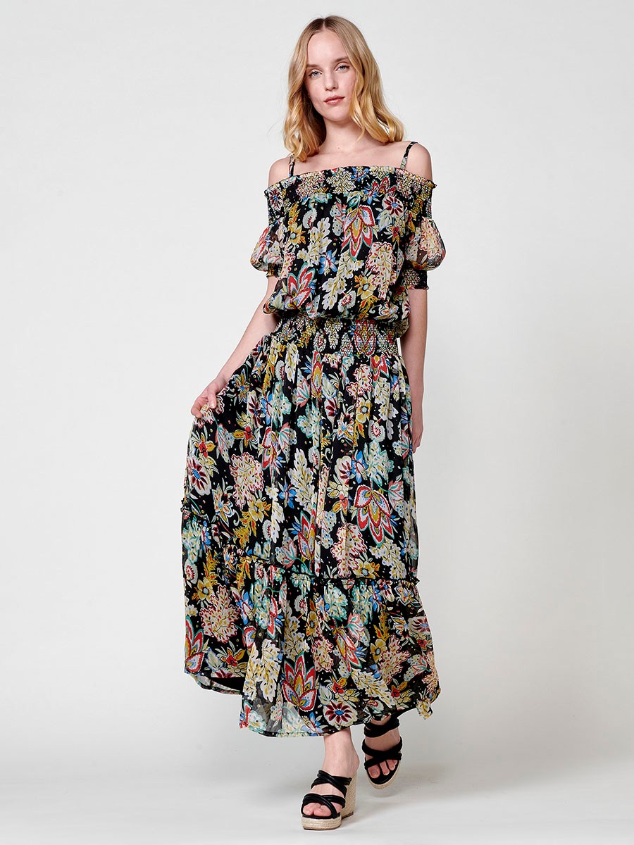 Vestido Largo Semitransparente Multicolor con Escote Off-Shoulder y Estampado Floral