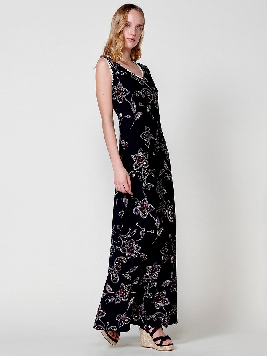 Vestido Largo con Estampado Tropical y Bordado Manta para mujer en color azul