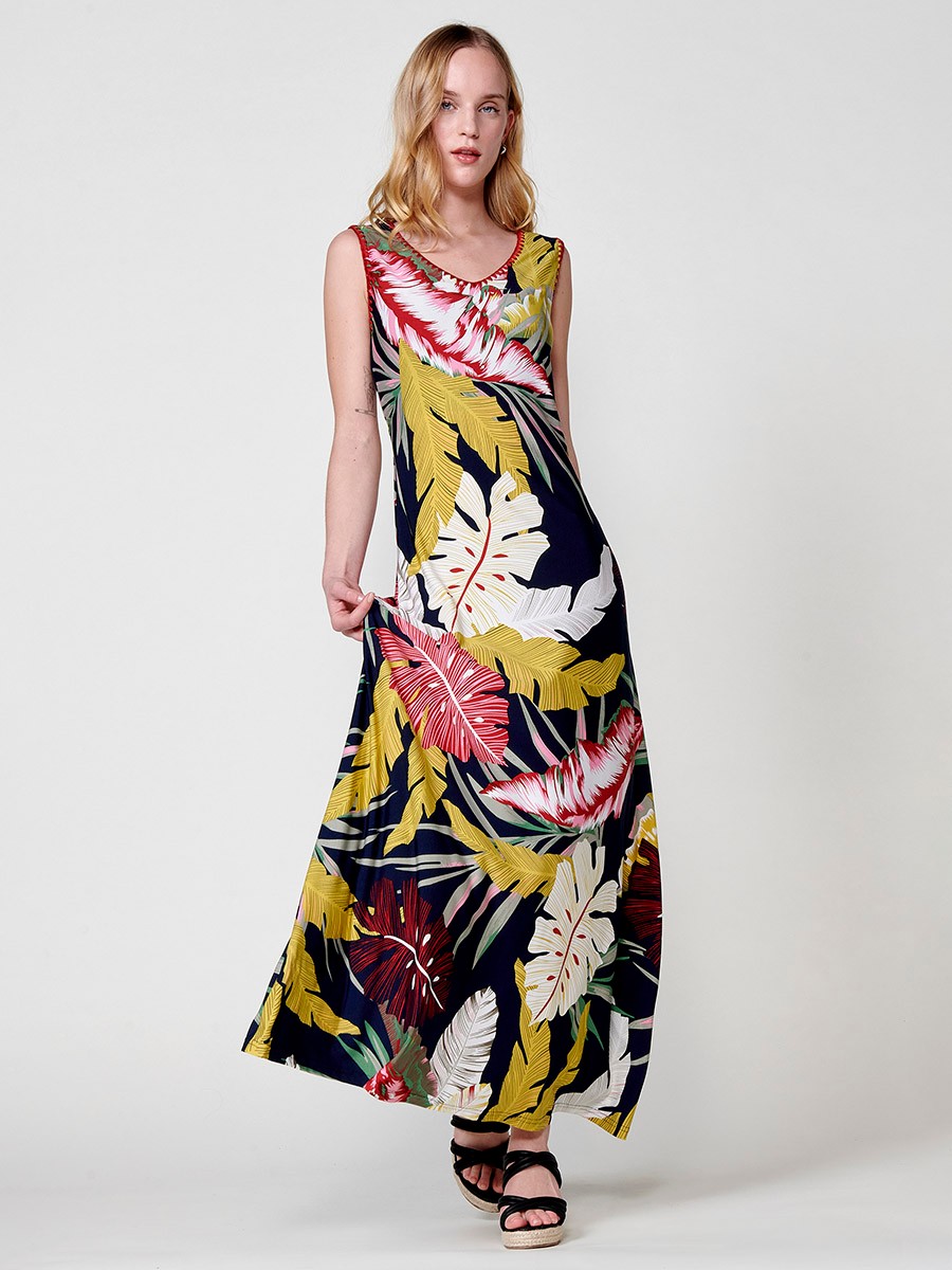 Vestido Largo con Estampado Tropical y Bordado Manta para mujer multicolor