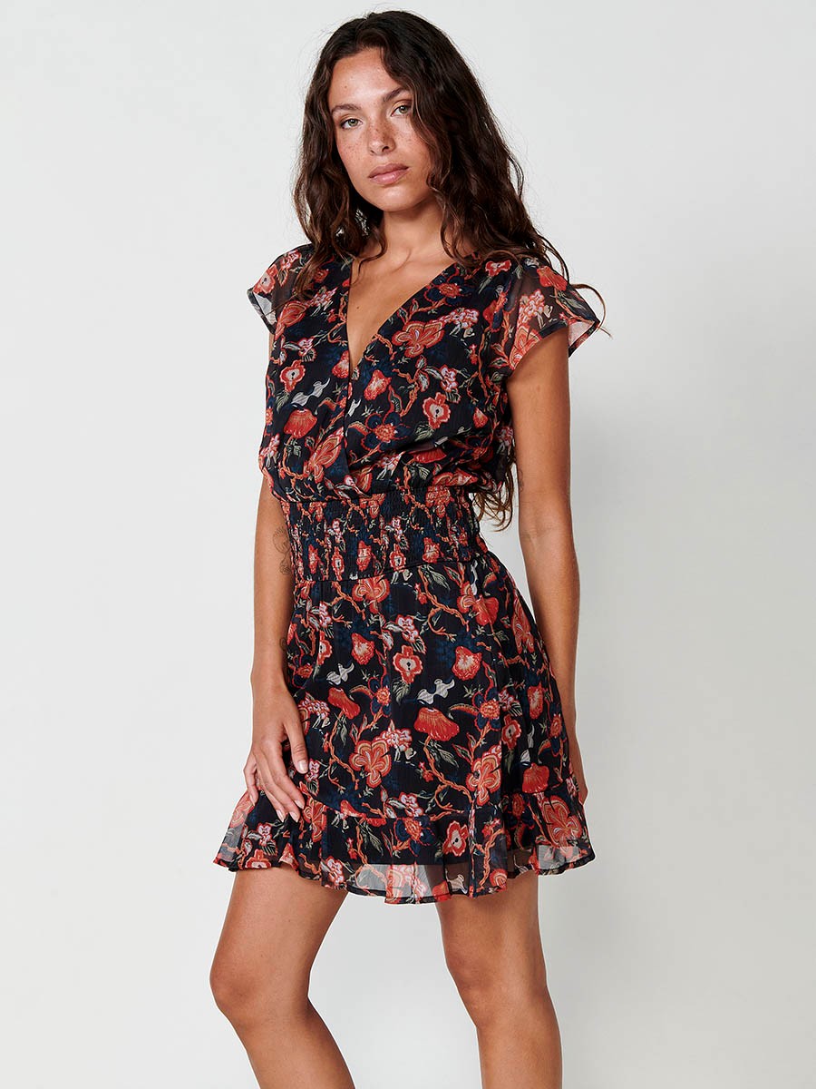 Vestido Corto Semitransparente con Forro Elástico y Estampado Floral Multicolor para Mujer