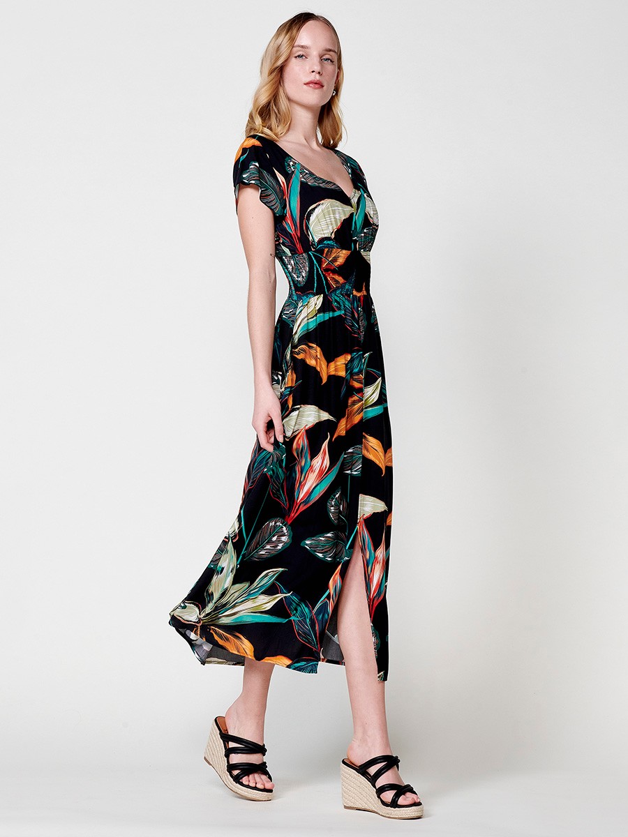 Vestido Midi Negro con Estampado Tropical para mujer