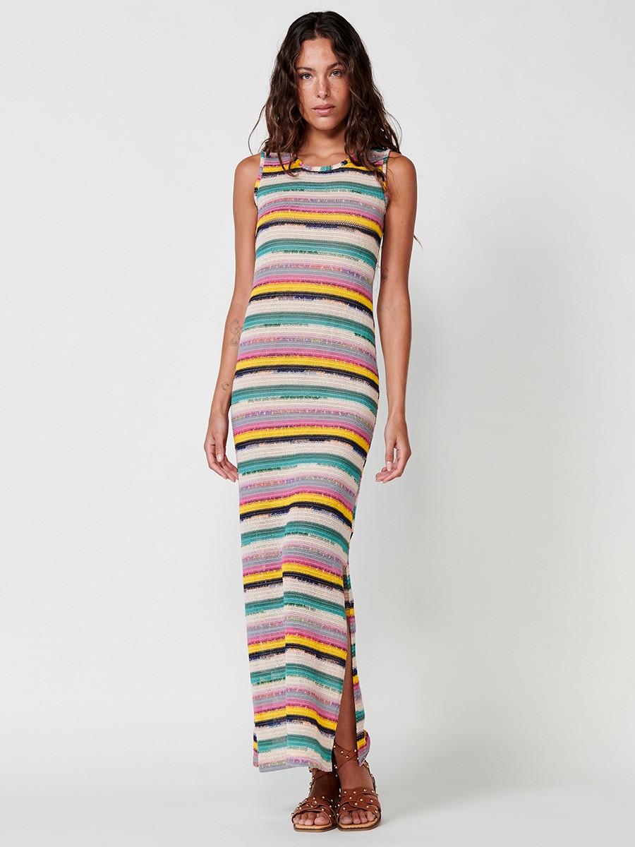 Vestido Largo de Punto con Cuello Redondo, Tirantes Anchos y Abertura Lateral, con Forro Ligero y Rayas Multicolor