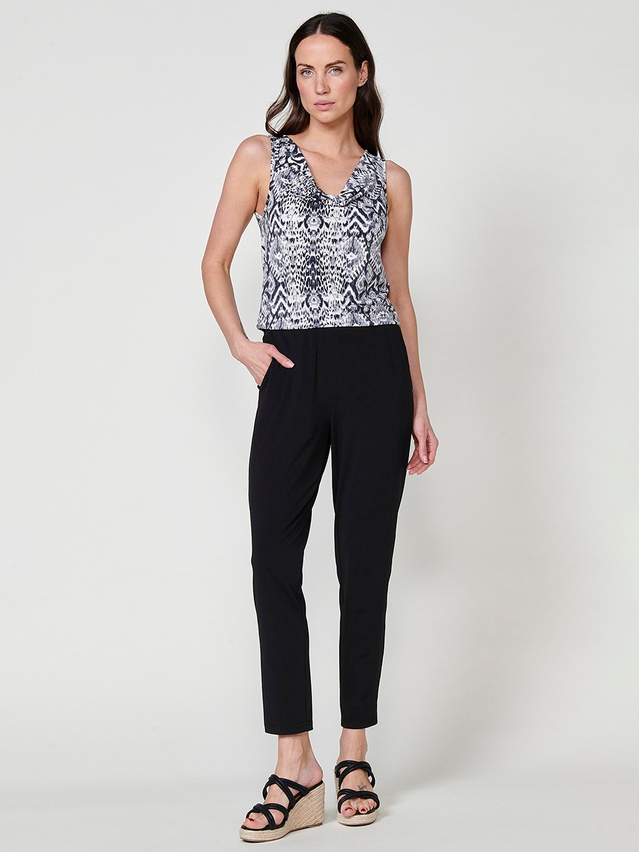 Mono Negro con Escote Drapeado y Estampado Ikat para mujer