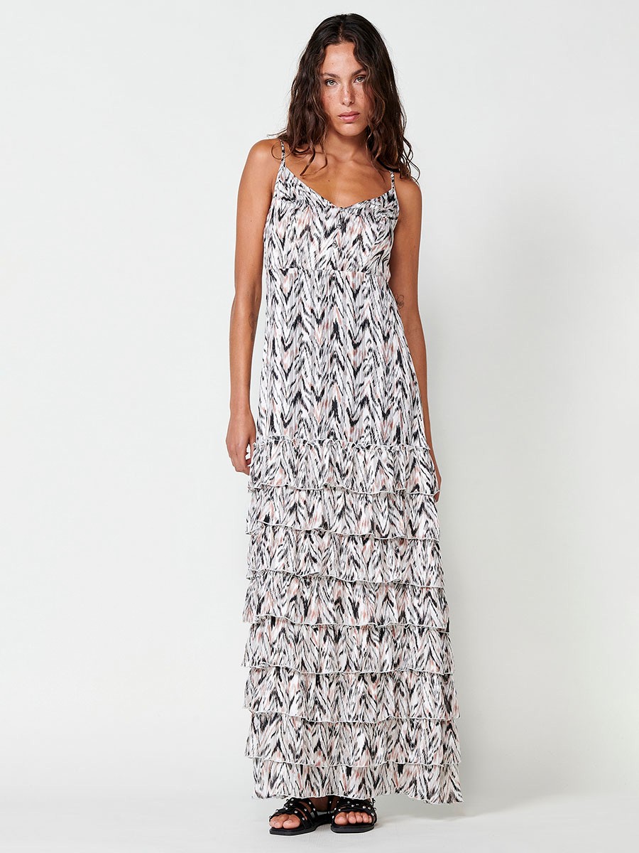 Vestido Largo con Tirantes Regulables, Escote Pico, Falda de Volantes y Cintura con Goma Elástica Interior, Estampado Animal en Negro