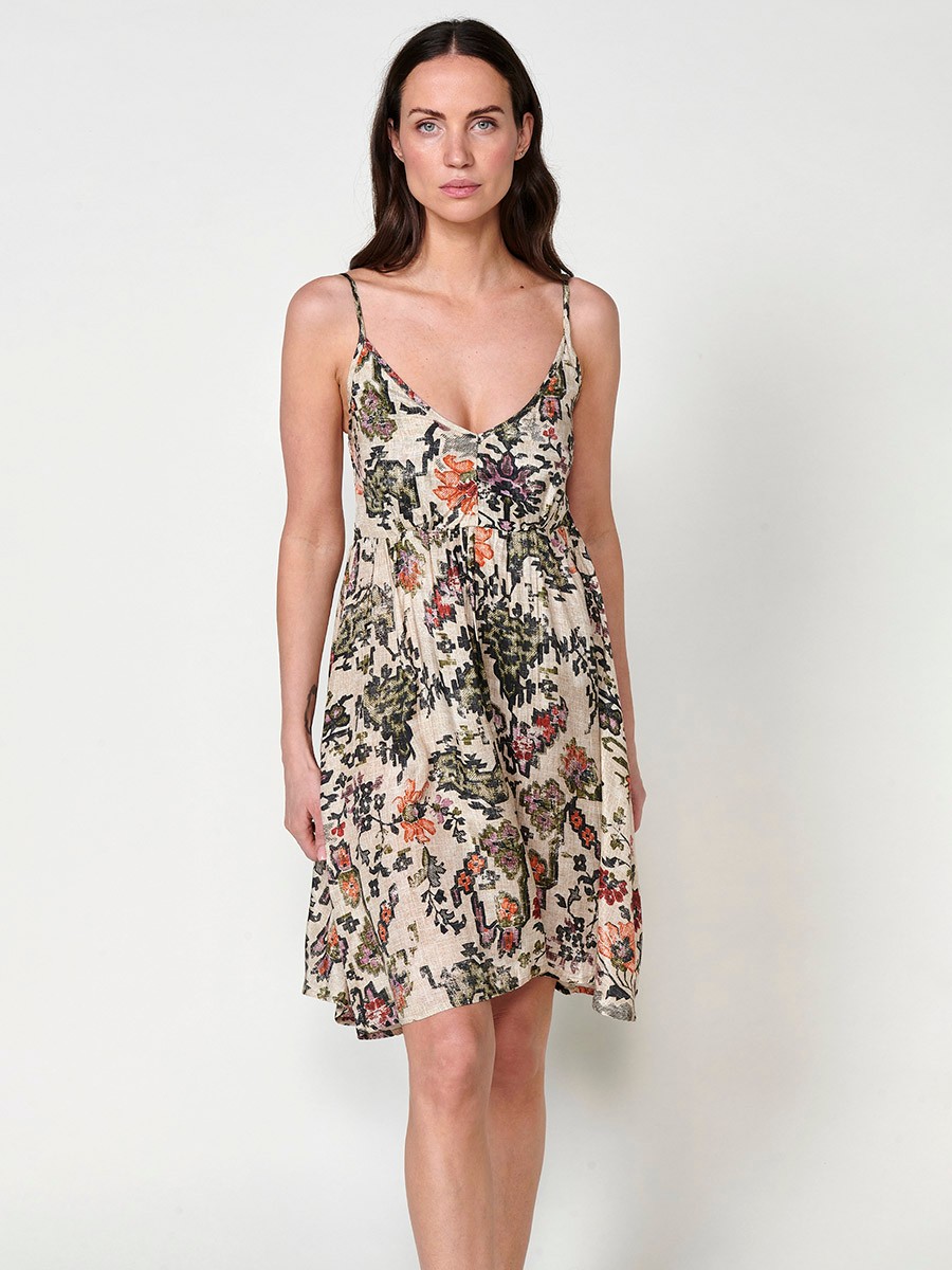 Vestido corto fluido para mujer con tirantes regulables y estampado floral
