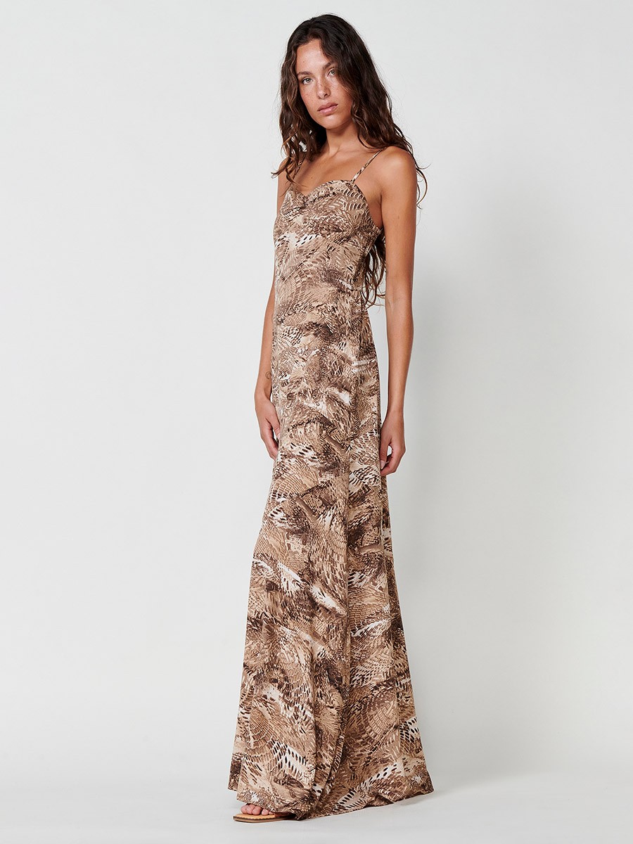 Vestido Largo Marrón y Blanco Estampado para mujer