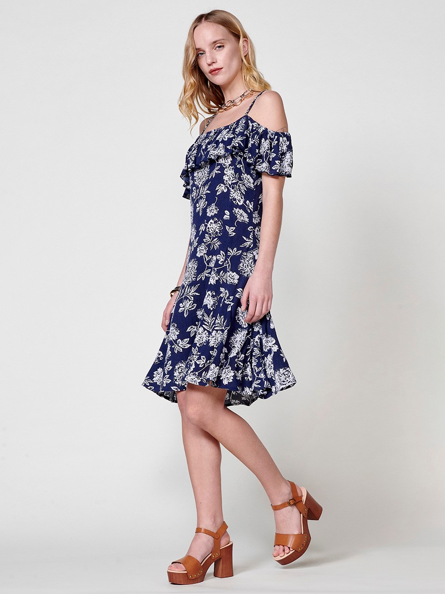 Vestido Corto Navy para Mujer con Tirantes Regulables y Escote con Volante