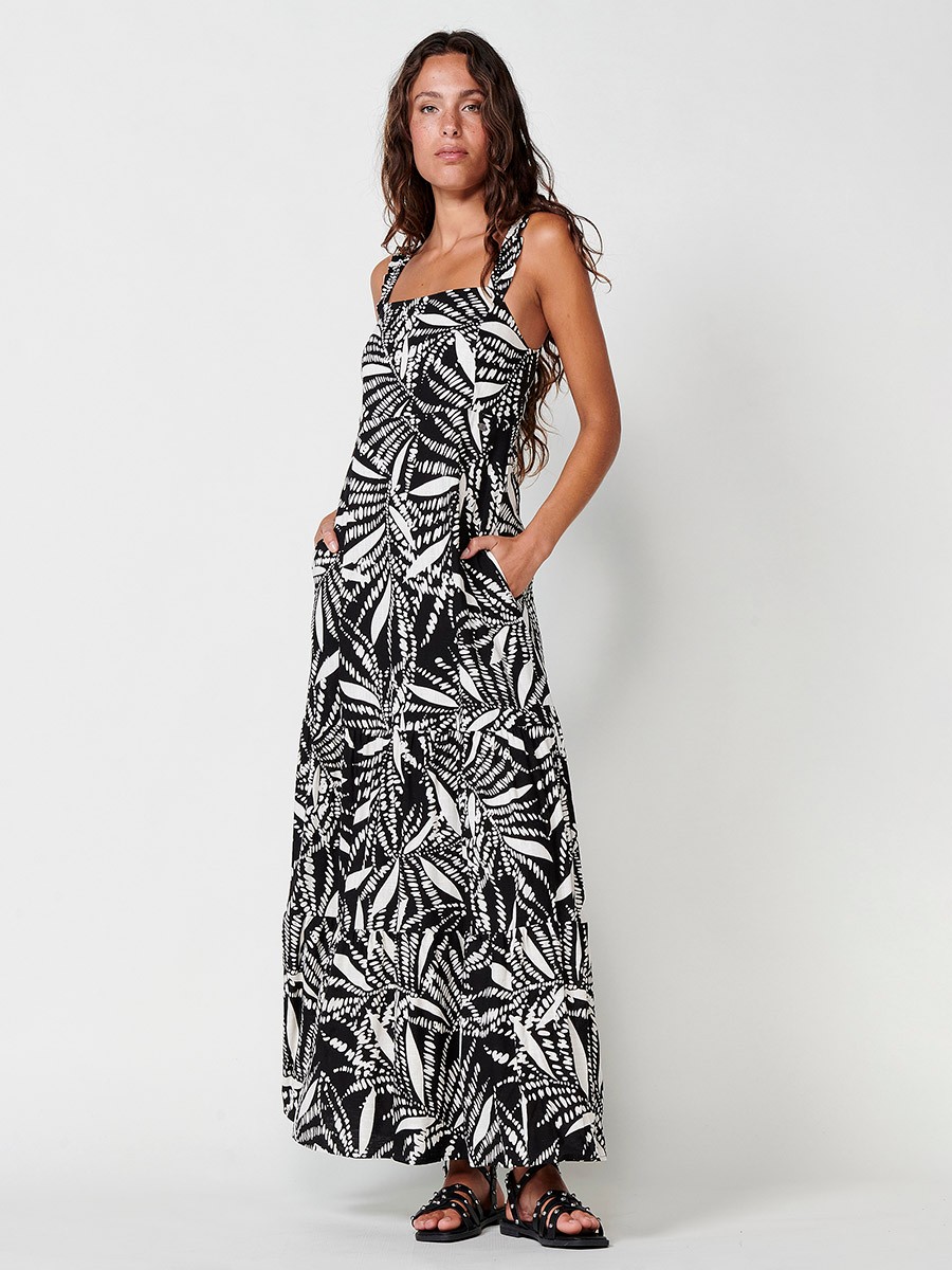 Vestido Largo y Fluido, Escote Palabra de Honor, Tirante Ancho y Espalda con Pieza Fruncida, Estampado Tropical en Negro