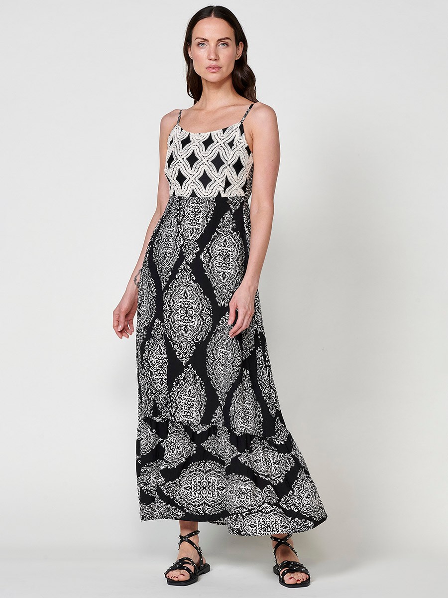 Vestido largo negro y crudo para mujer con tirantes regulables y estampado damasco