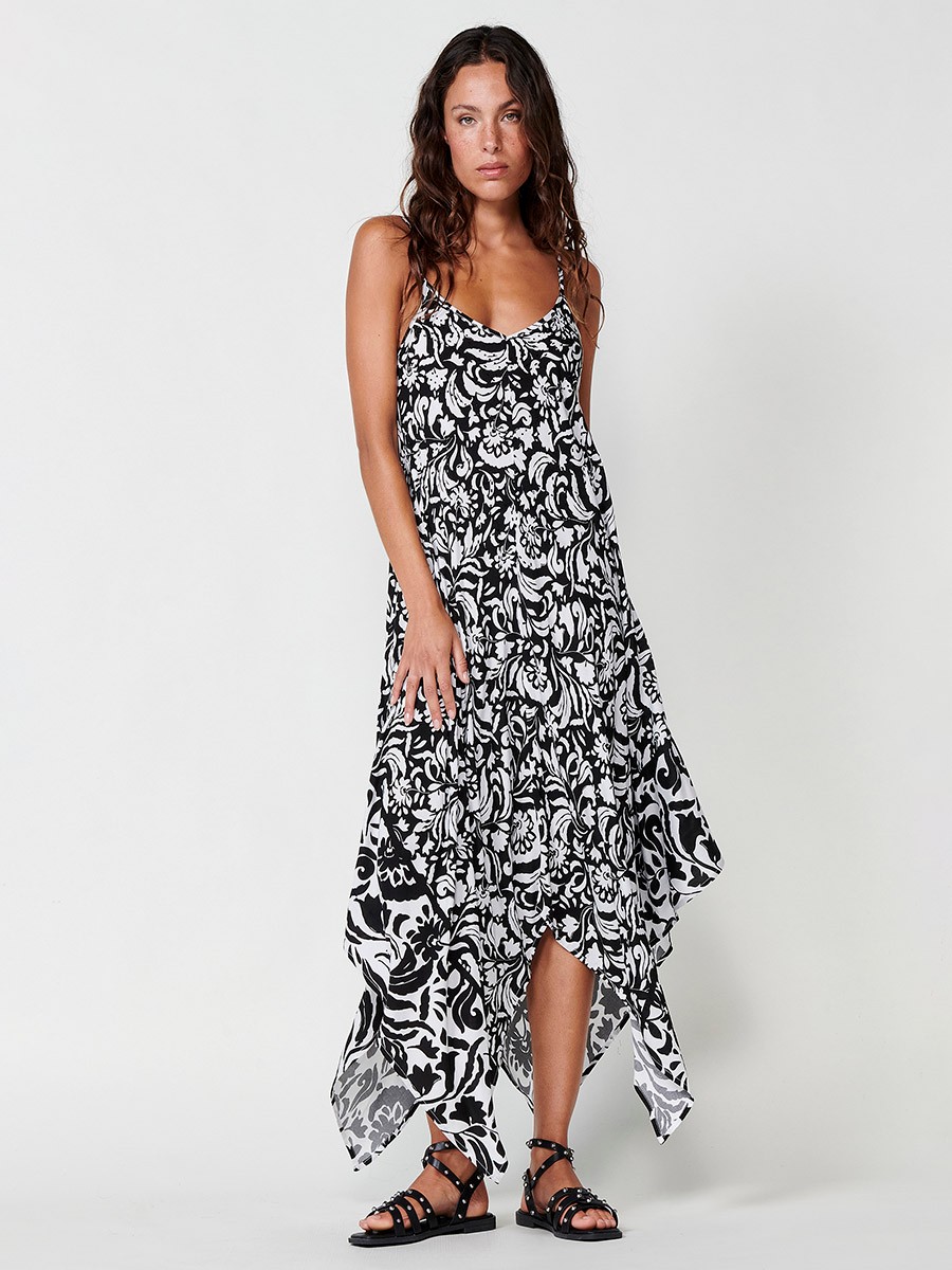 Vestido Largo con Tirantes Regulables, Bajo en Picos y Estampado Floral con Cenefa y Detalles de Brillos en el Escote en Negro